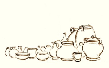 Yakın çekim İncil grubu bir sürü boş kırsal şarap şişesi bardak seti. Kırsal toprak yiyeceği, çamur sütü kavanozu, el işi, İncil 'de geçen sanatçının yetenek sembolü, hatıra ürünü.