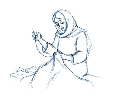 Yetişkin genç bayan koltuk tarihine bakacak. Dokuma yünü, iplik beyazı işaret simgesi yapıyor. Kara kalem çizgisi zanaatkar iğnesi keten keten örgü örer atkı örer eski tarihi sanat tarzında