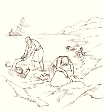 Yaşlı bir çok kayıp Yahudi erkek taş gibi kum yatıyordu Romalı yelkenli kız nehir gölü sıçrama işareti beyaz gökyüzü Retro canlı insan denizci yüzücü Tanrı 'ya dua et yaşam için kutsal kitap çizimleri çizimlerine yardım et