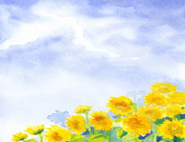 Hand drawn bright artwork paint hot villag bloom petal leaf fall season heaven scene sketch white paper text space card. Sun light blue color calm rustic ripe food grain green plant meadow scenic view