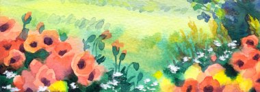 Hand drawn bright paint sketch paper travel valley scenic view rose color text space backdrop. Quiet sunny day sunset wild forest flora weed green stem bush leaf farm hill road mow glade artwork scene