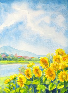 El çizimi parlak sanat eserleri sıcak köy şehrini boyarken cennet sahnesi beyaz kağıt metin alanı çiz. Açık mavi renk sakin paskalya çalı yiyecek bitki tepesi çayır göleti deniz manzarası