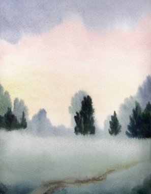 El çizimi açık renkli suluboya resim taslak su deresi deresi, gölet kıyısı yağmur sahnesi, kağıt metin arkaplanı. Pembe renk sakin sonbahar sisi duman çalılık ağaçlık bitki izi kırsal manzara