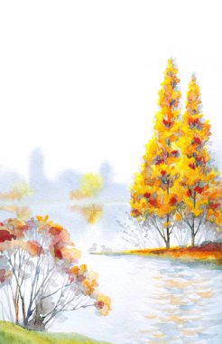 El çizimi suluboya taze çimen sahnesi kağıt metin arkaplanı. Parlak kırmızı turuncu renkli boya çalılık sakin, serin hava günü. Manzaralı dere dalgalı ördek sürüsü kumsalı kırsal alacakaranlık manzarası