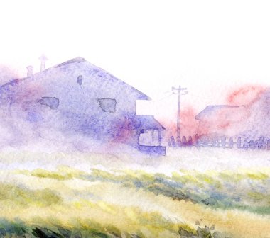 El çizimi suluboya ahır kulübesi açık kağıt metin arkaplanı. Sakin, nemli, sisli, kır ağacı manzaralı, dumanlı, parlak, mavi renkli, geçmişe dönük sanat eserleri.