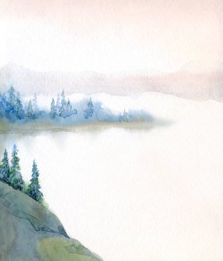 Açık kağıda elle çizilmiş suluboya resim. Yazı uzayı. Taze taiga tarlası çalılığı. Çalı bitkisi, kayalık arazi. Sessiz bulutlu sonbahar hayatı eski Alp Slope Park sanat eserleri sahnesi. Pond Creek Körfezi manzaralı