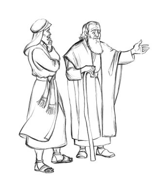 Saudi asian robe dress cloth jew god faith rich wise elder senior age male father rabbi leader stand arm offer invite staff white sky. Hand drawn retro cane stick point talk son islam story art sketch