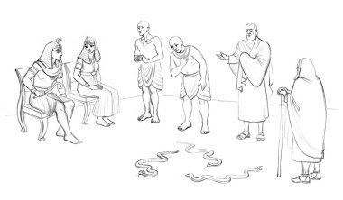 Luxury cloth guy cane rod stick ask lord order let go torah scene. Black line hand drawn retro age nobl holy male jew elder senior priest stand turn sign faith story east arab cartoon art sketch style