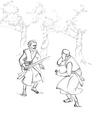 Şeytani tehlikelere göğüs germek yaşlı, yetişkin bir erkek savunma eli güçlü bir İsrail Yahudi bıçağı çekti. Savaş gücü çatışması eski çağ İncil 'e ait hikaye kumaş kumaş korsan korsan korsan şövalye hırsız hırsız suç istismarı