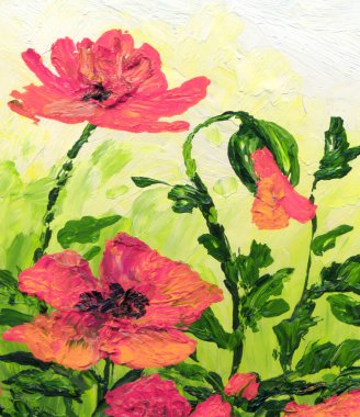 Parlak modern gouache boya pastel eskiz desen görünümü. Canlı el çizimi akrilik botanik tomurcuk kök otu retro yaratıcı beyaz kağıt branda fırça tebrik kartı tarzında. Turuncu renk taze pembe gökyüzü sahnesi