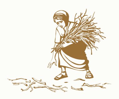 Vektör çizimi. Odun toplayan kadın