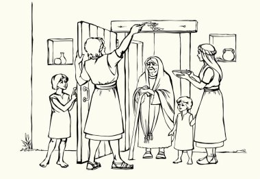 Vektör çizimi. Aile, Tanrı 'nın buyruğunu yerine getirir. Kuzu kanıyla kapı direklerini mesheder