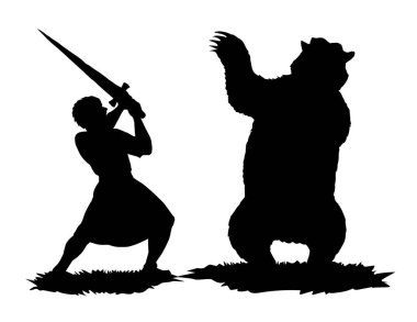 Vektör çizimi. Kızgın bir ayı adama saldırıyor.