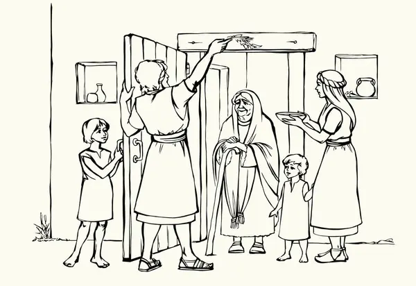Векторный Рисунок Семья Исполняет Повеление Бога Помазывает Дверные Косяки Кровью — стоковый вектор