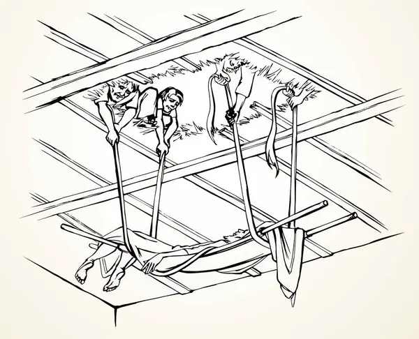 Vector Drawing Men Dug Roof Let Sick Man Stretcher — Stock Vector