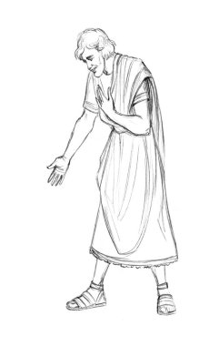 Genç, mutlu, dindar, İsrailli, Yahudi bir erkek Tanrı 'dan merhamet dileyin. Hüzünlü, mütevazı doğu kölesi. Eski moda giysi, İncil 'deki hikaye. İslami sanat kavramını ayır.