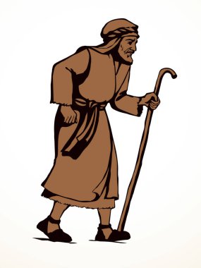 Yetişkin bilge, orta yaşlı erkek Yahudi, beyaz bornoz, baston görünümlü İsrail elbisesi giyer. El çizimi siyah retro müslüman uae uae hindi çöl adam Paul dua Tanrı İsa Mesih inancı yol inanış İslam sanat yolu