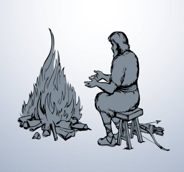 Geçmiş retro neolith dönemi yerli kültürü güçlü vücut koltuğu taş avlama aracı savaş kolu yayı. Elle çizilmiş kirli göçebe derisi kürk, pişir, yak, yak, yak, ye, resim taslak simgesi.