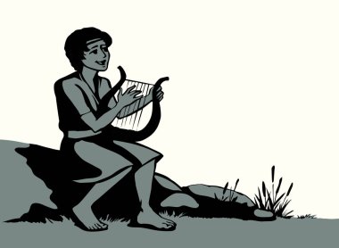 Genç Yahudi hobi erkek çocuk, parmak akoru, Lira Lute notası, dua et de eski moda robot resim çizimi tarzında çizilsin. İsrailli Lord Musevi kız halk sanatları sanatçısı Kral Saul beyaz gökyüzü