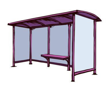 Steel suburb busstop promo ad brand render plastic roof cover canopy glass wall side view white sky text space. Black line hand drawn wait tram chair sign icon symbol modern doodle outline art style