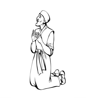 Mutlu, yetişkin, orta yaşlı, Yahudi, köle Arap, erkek. Umarım İsrail 'li erkek, kollarına güvenir. Tanrı' ya şükürler olsun. Tek başına çizilmiş Asyalı Müslüman bornoz giysi simgesi simge eski beyaz gökyüzü görünümü