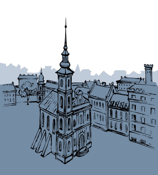 France Italy age UK England place belfry spire dome roof tree scenic view white sky text space. Outline black ink pen hand drawn Poland German center road way scene doodl line art style Italian symbol