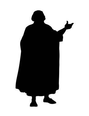 Kutsal Yahudi Tanrısı, bilge erkek haham rahibin ayağa kalktığına inanıyor. El çizimi siyah çizim eskiz eskiz orta Asya Suudi Arabistan etnik bornoz elbise kamış görünümlü beyaz gökyüzü metin alanı