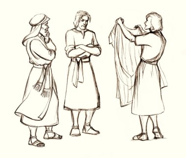Doğu İncil 'e ait kırsal kesimlerdeki ağaçlar... İsrail' in erkek Arap erkeği ayakta duruyor... yün yün bornoz giysisi... el çizimi Yahudi kız... ipek perde... ekoseli İncil... Arabistan çağı sanat eskizi...