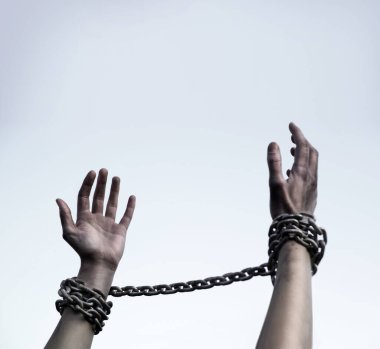 Close up jail law danger addict fear worry young sad lone guy ask god help drug aid victory life cloud text space Closeup alone lady sin limit old bind iron steel metal lock raise restrain kidnap body