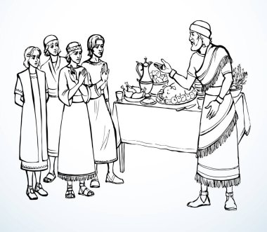 Vektör çizimi. Daniel ve arkadaşları kralın yemeğini reddediyor.