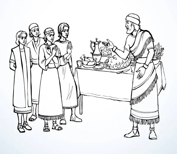 Vector Drawing Daniel His Friends Refuse King Food — Stock Vector