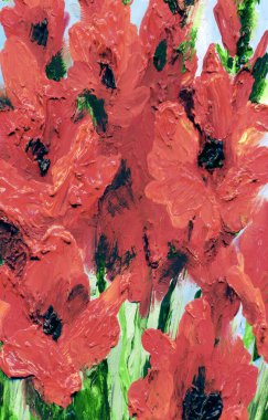 Kırsal retro malva sanat eseri manzarası. Canlı el çizimi akrilik boya yetişen bitkiler. Modern kanva kart tasarımı tarzı. Parlak turuncu renkli taze zambak tomurcuklanmış bitkisel tarla sahnesi