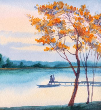 Hand draw artist beach shore wooden bridge boat guy dad husband son mother wife scene sketch. Cute happy joy relax human calm rest 2 rural male kid hug field bush wood land plant fog mist view picture
