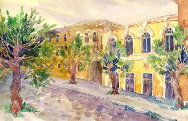 Bright hand drawn watercolour big autumn travel sunrise sky scenery sketch paper text space. Kiev age tourist view yellow color edifice famous place small medieval alley day scene gothic artwork style