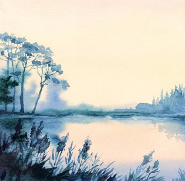 Hand drawn paint artwork quiet rural hill hut home rain cloud scene sketch text space. Sun dawn light calm old travel land bay green bush fir pine plant fall fog mist haze farm field flood artist view