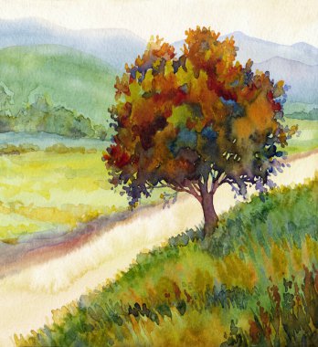 Parlak el, sis bulutu bulutu, gökyüzü sahnesi, metin alanı çizimi, arka plan çizimi. Kırmızı turuncu renk odun ormanı çimen yolu sakin hava günü gölet manzaralı dere manzarası