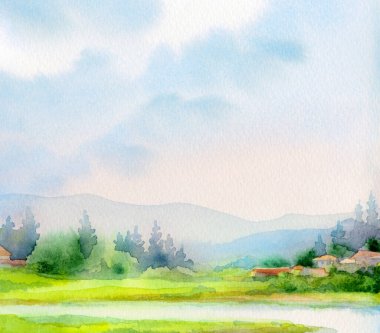 El çizimi sanat eseri, güneşli cennet sahnesi metin arkaplanı çizimi. Hafif sakin eski Avrupa seyahat tepe tepe bataklık dere koyu yeşil çimen çalı köknar bitki sis sis soyut manzara