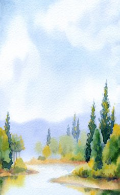 El çizimi parlak resimler, sessiz cennet sahnesi beyaz kağıt arkaplan metni çizimi. Açık mavi renk sakin kırsal tepe bataklık deresi koyu yeşil çimen tarlası çalılık bitki sis bulutu