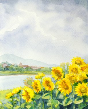 El çizimi parlak sanat eserleri sıcak köy şehrini boyarken cennet sahnesi beyaz kağıt metin alanı çiz. Açık mavi renk sakin paskalya çalı yiyecek bitki tepesi çayır göleti deniz manzarası