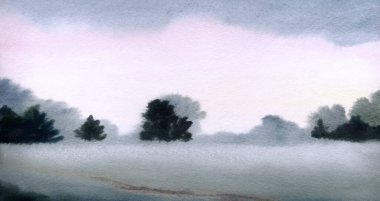 El çizimi açık renkli suluboya resim taslak su deresi deresi, gölet kıyısı yağmur sahnesi, kağıt metin arkaplanı. Pembe renk sakin sonbahar sisi duman çalılık ağaçlık bitki izi kırsal manzara