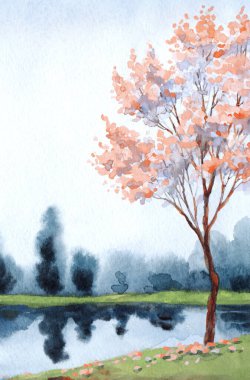 El yapımı, soyut Çinli ressam suluboya resim çizimi kâğıt metin arkaplanındaki bulanık sis sahnesi. El çizimi açık pembe renk kiraz ağacı sakin vadi kırsal manzaralı sanat eserleri