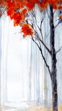 Elle çizilmiş ressam suluboya, sisli kağıt, metin arkaplanı. Siyah renk boya, buzlu kırmızı fırça tarzı sisli kırsal çalılık manzaralı. Sakin eski dal soluk avlu çizim sahne