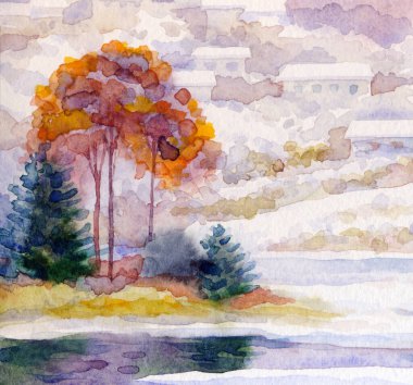 El çizimi sanat eseri serin yeni yıl sis bulutlu gün sahnesi. Açık beyaz kart arka plan eski tarz. Parlak renk eski çalı ormanı buz gibi soğuk sakin gölet göleti kıyısı manzarası