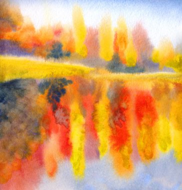 Canlı bir el çizimi akvaryum taze kavak çamı sisi sahne kağıdı metin alanı arkaplanı. Parlak kırmızı turuncu el işi çimenleri çalıları çalıları serin hava günü manzaralı dere kıyısı kırsal manzarası