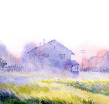 El çizimi suluboya ahır kulübesi açık kağıt metin arkaplanı. Sakin, nemli, sisli, kır ağacı manzaralı, dumanlı, parlak, mavi renkli, geçmişe dönük sanat eserleri.