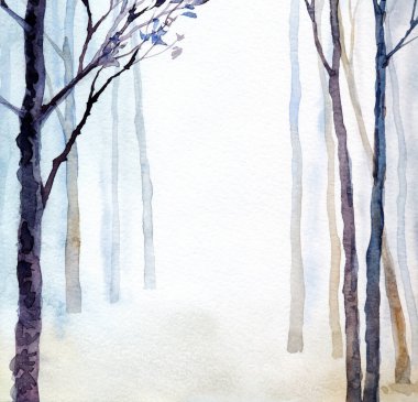 El çizimi ressam suluboya açık mavi kağıt kart metin arkaplanı. Siyah renkli boya fırçası tasarımı sisli kırsal çalılık manzaralı. Sakin ölü yaşlı dal, solgun bahçe yeni yıl sahnesi