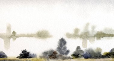 El çizimi suluboya resim çizimi kağıt metin alanı. Kırsal sakin çalı çalısı, çalı tarlası, dere yatağı, sel, yağmur manzarası. Serin bahar sisli sonbahar kumsal eski sanat eserleri sahnesi