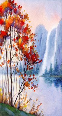 Suluboya boya bulutlu, bulanık, kayalık deniz kıyısı sahnesi, arka plan kâğıdı, metin alanı. Koyu kırmızı renkli sis bulutu vadi çağlayan deresi. Açık hava yabani çalı bitkisi kır manzaralı çizim çizimi