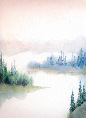 Açık kağıda elle çizilmiş suluboya resim. Yazı uzayı. Taze taiga tarlası çalılığı. Çalı bitkisi, kayalık arazi. Sessiz bulutlu sonbahar hayatı eski Alp Slope Park sanat eserleri sahnesi. Pond Creek Körfezi manzaralı