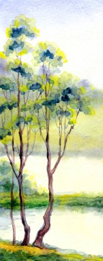 Parlak el çizimi suluboya ressamı temiz hava batımı sahnesi çiziyor. Kağıt arkaplan metin alanı. Açık yeşil renkli boya sanat eseri çalılık vadi çimenliği sakin bir günde dere kıyısı manzarası